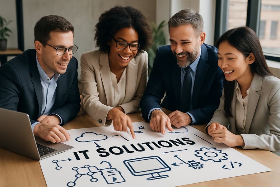 Business team collaborating over IT solutions